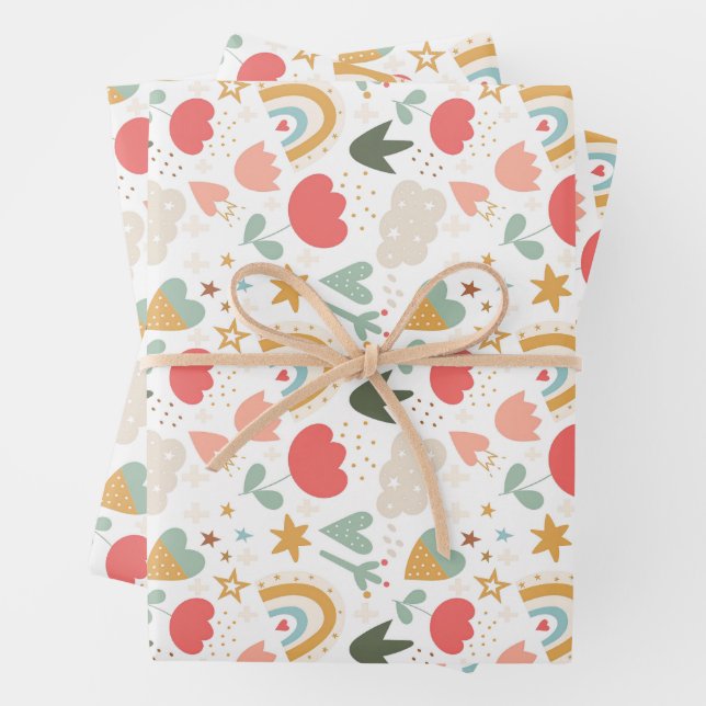 Weiße Kinderzimmer Muster mit Wolken und Sternen Geschenkpapier Set (Beispiel)