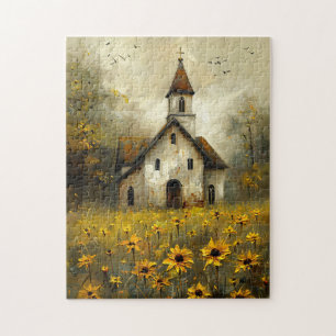 Weiße Kirche Gelbe Wildblumen Rustikal