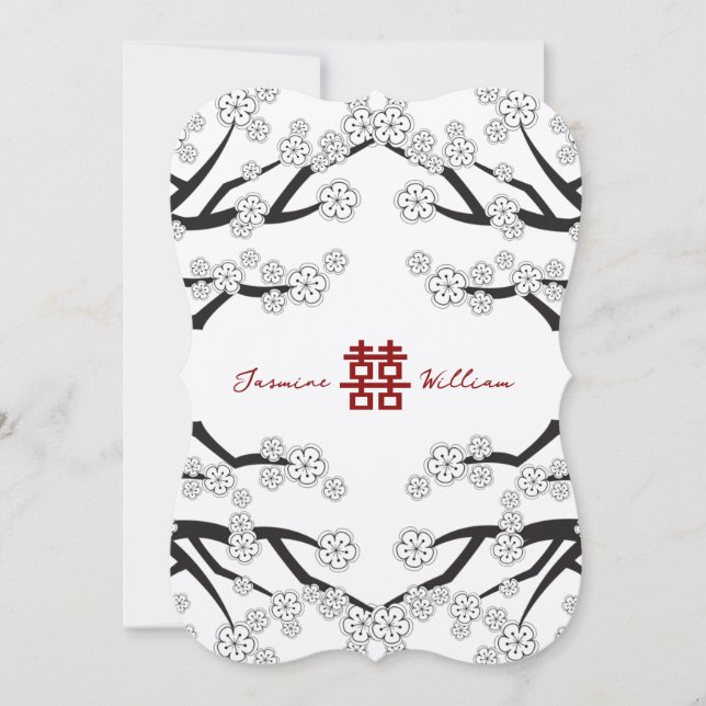 Weiße Kirschblüten Double Xi Chinesische Hochzeit Einladung (Vorderseite)