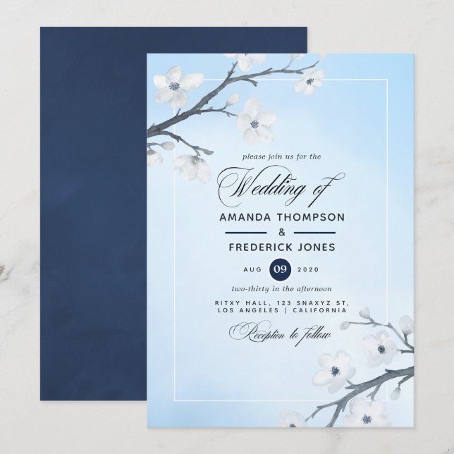 Weiße Kirschblüten Einladung Hochzeit (Vorne/Hinten)