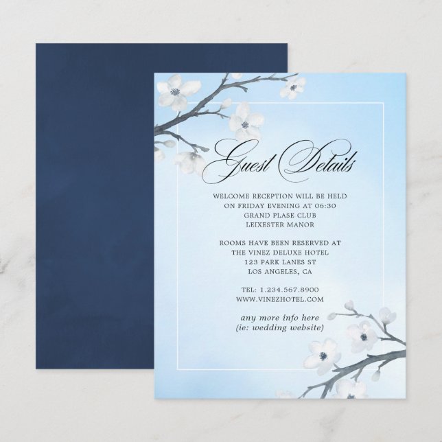 Weiße Kirschblüten Hochzeitgastdetails Begleitkarte (Vorne/Hinten)