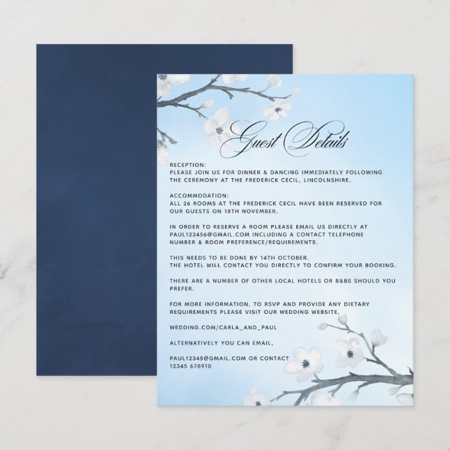 Weiße Kirschblüten Hochzeitsgast-Details Enklaven Begleitkarte (Vorne/Hinten)