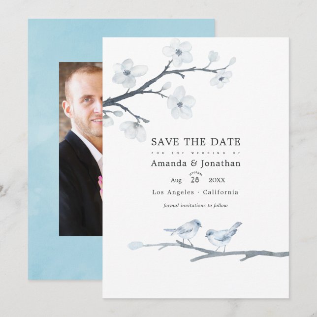 Weiße Kirschblüten Hochzeitsstich-Foto Save The Date (Vorne/Hinten)