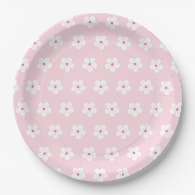 Weiße Kirschblüten in Rosa Pappteller (Vorderseite)