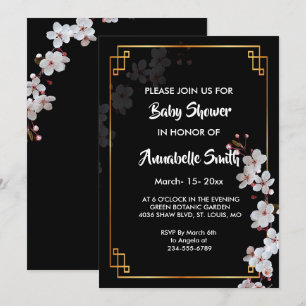 Weiße Kirschblüten und goldene Frame-Babydusche Einladung