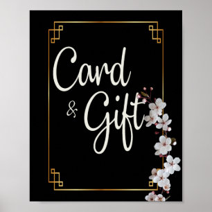 weiße Kirschblüten und goldene Rahmenkarten und Ge Poster
