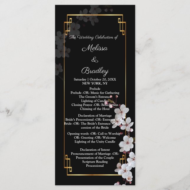 Weiße Kirschblüten und goldener Rahmen Programm (Vorderseite)