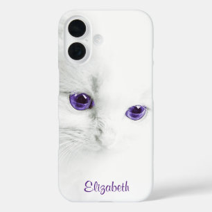 Weiße Kitte mit Lila Augen Personalisiert iPhone 16 Hülle