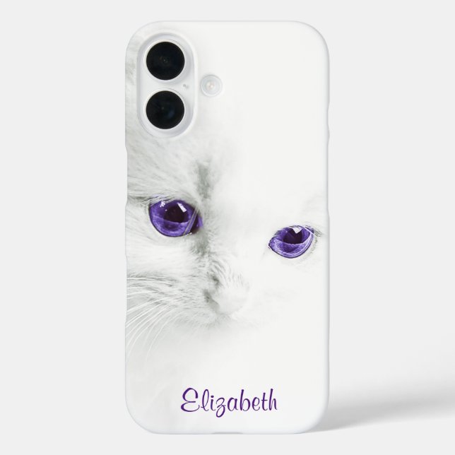 Weiße Kitte mit Lila Augen Personalisiert iPhone 16 Hülle (Rückseite)