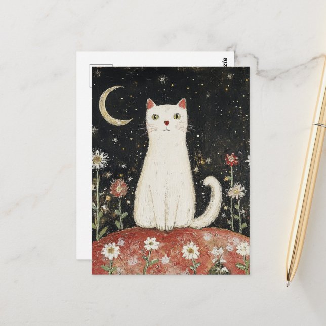 Weiße Kitty und der Mond Postkarte (Vorderseite/Rückseite Beispiel)