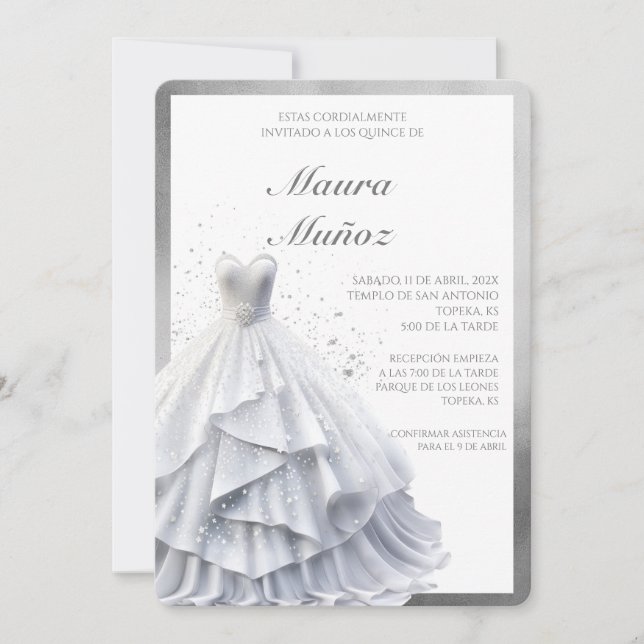 Weiße Kleidung quinceañera Einladung (Vorderseite)