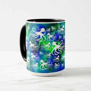 Weiße Krake auf blauem Grün - 15 Unze. Kombinier Tasse