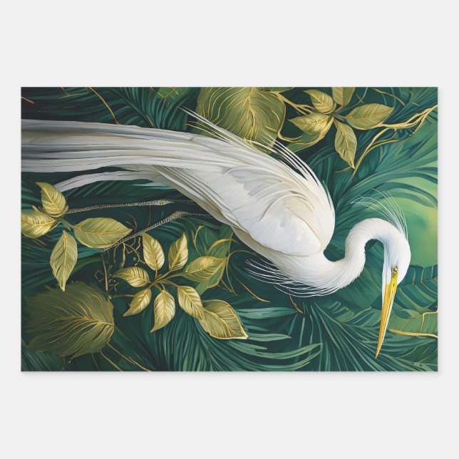 Weiße Krane und Gardenien, Kokospalmen Geschenkpapier Set (Vorderseite)