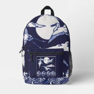Weiße Kraniche im Vintage-Stil auf dunklem Navy-Bl Bedruckter Rucksack
