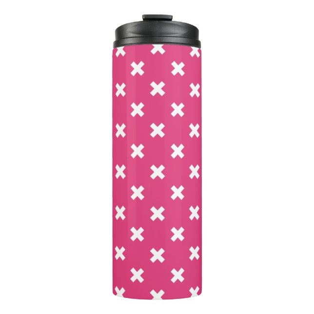 Weiße Kreuzstiche auf Fuchsia Thermosbecher (Vorderseite)