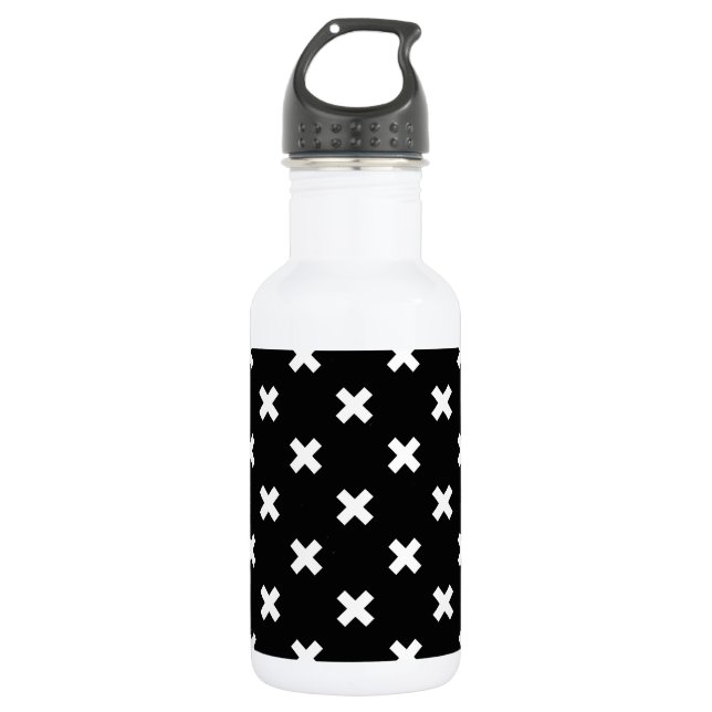 Weiße Kreuzstiche auf schwarz Edelstahlflasche (Vorderseite)