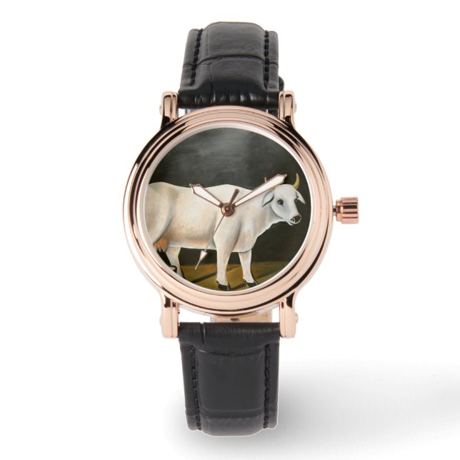 Weiße Kuh auf schwarzem Hintergrund (Landtier) Armbanduhr (Vorderseite)