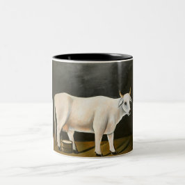 Weiße Kuh auf schwarzem Hintergrund (Landtier) Zweifarbige Tasse