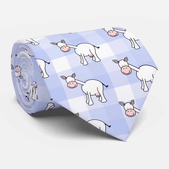 Weiße Kuh Cartoon. Blue Gingham Background. Krawatte (Gerollt)