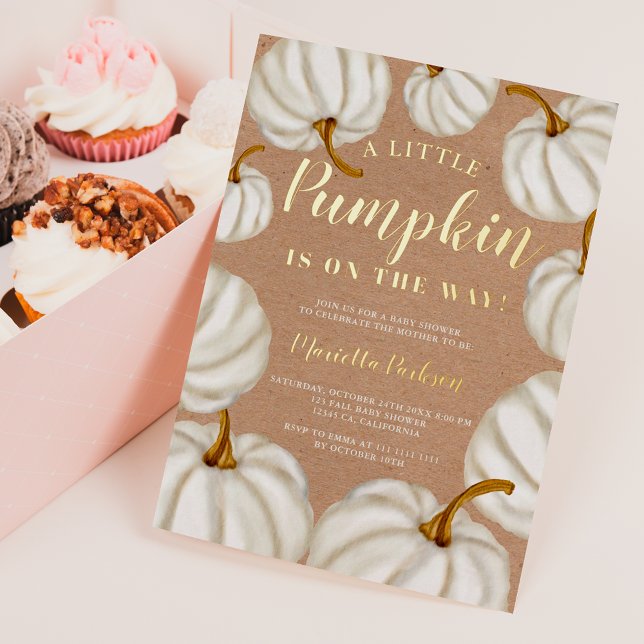 Weiße Kürbis-Kürbis-Kürbis-Kürbis-Babydusche Folieneinladung (White Little pumpkin kraft fall baby shower Foil Invitation)
