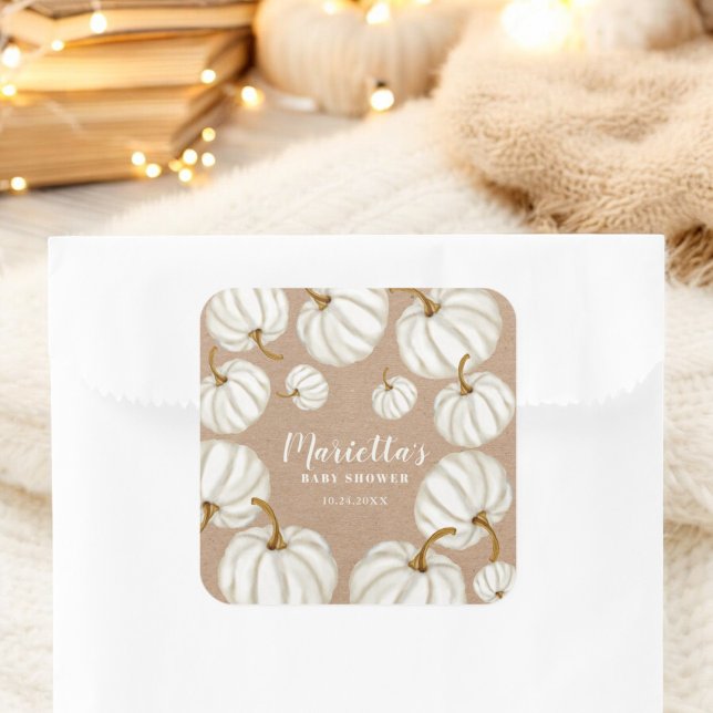 Weiße Kürbis-Kürbis-Kürbis-Kürbis-Babydusche Quadratischer Aufkleber (White Little pumpkin kraft fall baby shower Square Sticker)