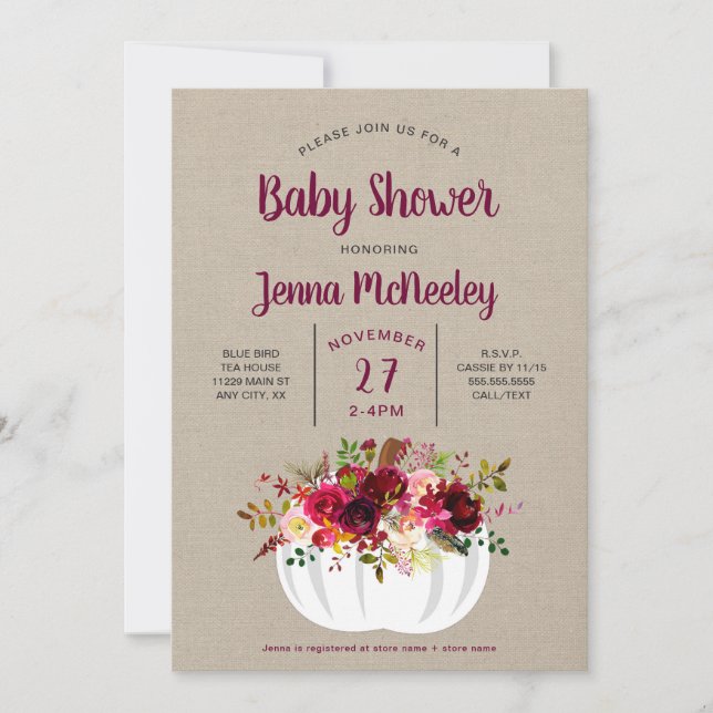 Weiße Kürbis-mit BlumenBabyparty Burgunders Einladung (Vorderseite)