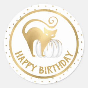 Weiße Kürbis- und Goldkatze-Punkte-Geburtstag Runder Aufkleber