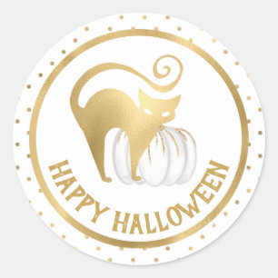Weiße Kürbis- und Goldkatze-Punkte Halloween Runder Aufkleber
