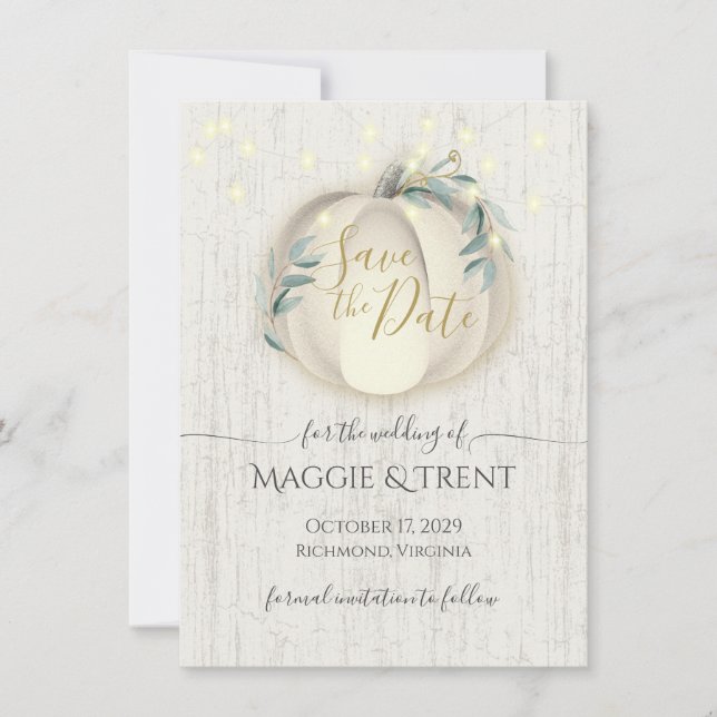 Weiße Kürbis und String-Leuchten Save the Date (Vorderseite)