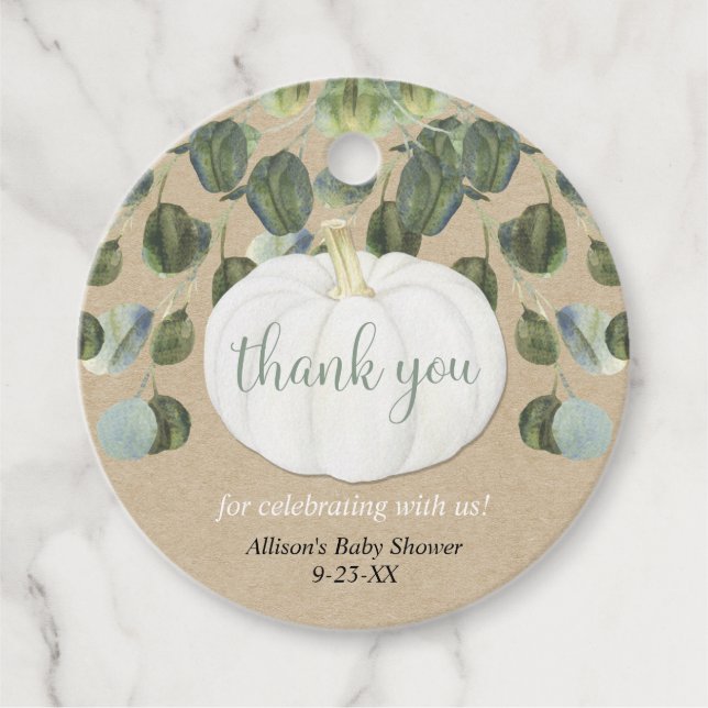 Weiße Kürbispflanzen eukalyptus rustikaler Fall Geschenkanhänger (Vorderseite)