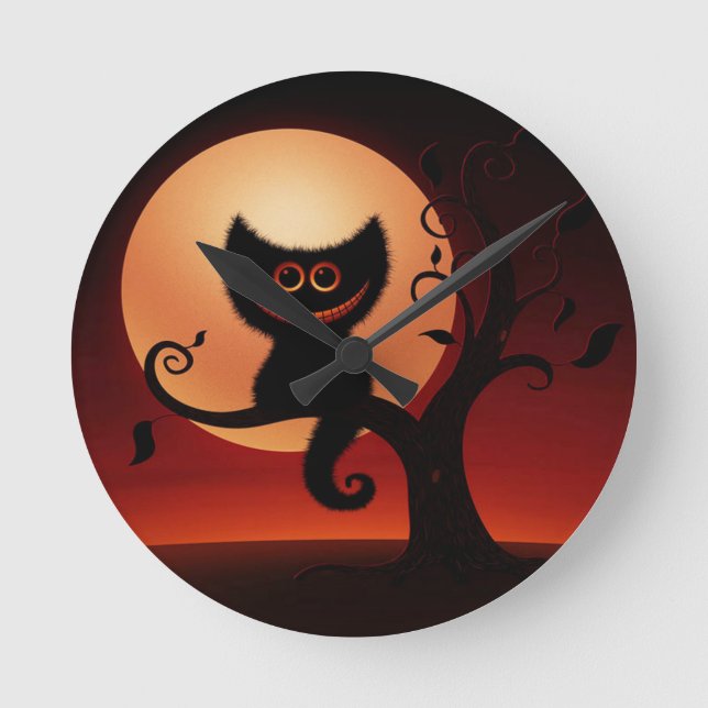 Weiße, lächelnde Schwarze Katze Runde Wanduhr (Vorderseite)
