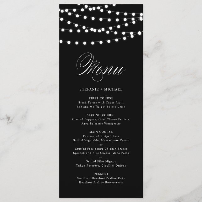 Weiße Lampen | Black Wedding Menu Card Menükarte (Vorderseite)