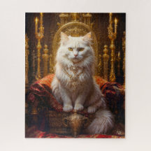 Weiße, langhaarige Katze umgeben von goldenen Orna