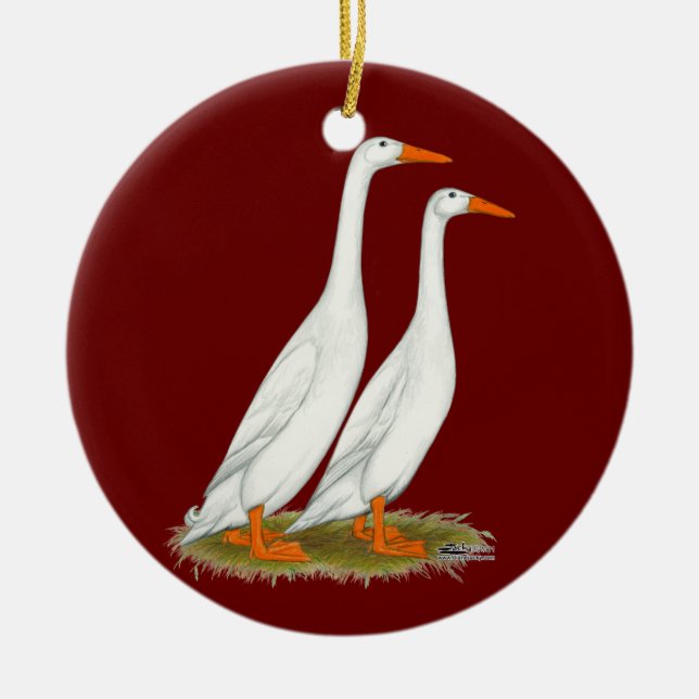 Weiße Läufer-Enten Keramikornament (Vorne)