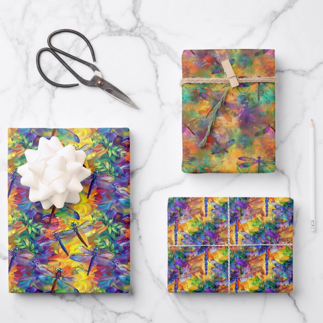 Weiße Libelle-Muster mit lebendigem Hintergrund Geschenkpapier Set (Vorderseite)