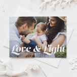 Weiße Liebe und Foto für leichte Typografie Hanukk Feiertagspostkarte<br><div class="desc">Liebe und Licht | Senden Sie Ihre Hanukkah Grüße an Familie und Freunde mit dieser anpassbaren Hanukkah Postkarte. Es zeichnet sich durch Retro-fett Typografie aus. Personalisieren Sie dieses Foto Hanukkah-Karte durch Hinzufügen Ihrer Daten. Dieses Foto Hanukkah Postcard ist in anderen Farben und Kartenmaterial erhältlich. Matching-Elemente sind ebenfalls verfügbar.</div>