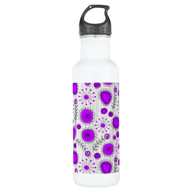 Weiße lila Herzen und Blume blumenreich Edelstahlflasche (Vorderseite)