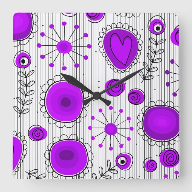 Weiße lila Herzen und Blume blumenreich Quadratische Wanduhr (Vorderseite)