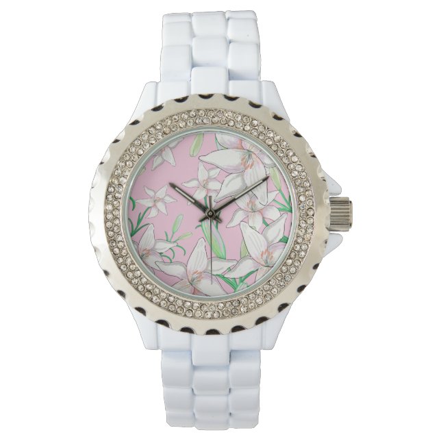 Weiße Lilien auf rosa Hintergrundbild Armbanduhr (Vorderseite)