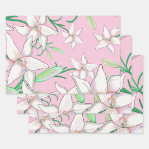 Weiße Lilien auf rosa Hintergrundbild Geschenkpapier Set