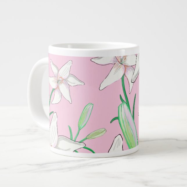 Weiße Lilien auf rosa Hintergrundbild Jumbo-Tasse (Vorderseite Links)