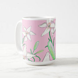 Weiße Lilien auf rosa Hintergrundbild Kaffeetasse