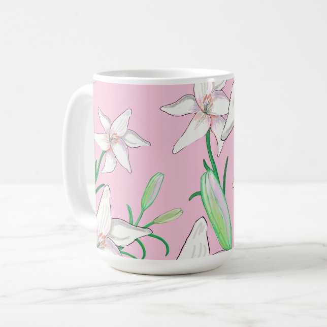 Weiße Lilien auf rosa Hintergrundbild Kaffeetasse (Vorderseite Links)