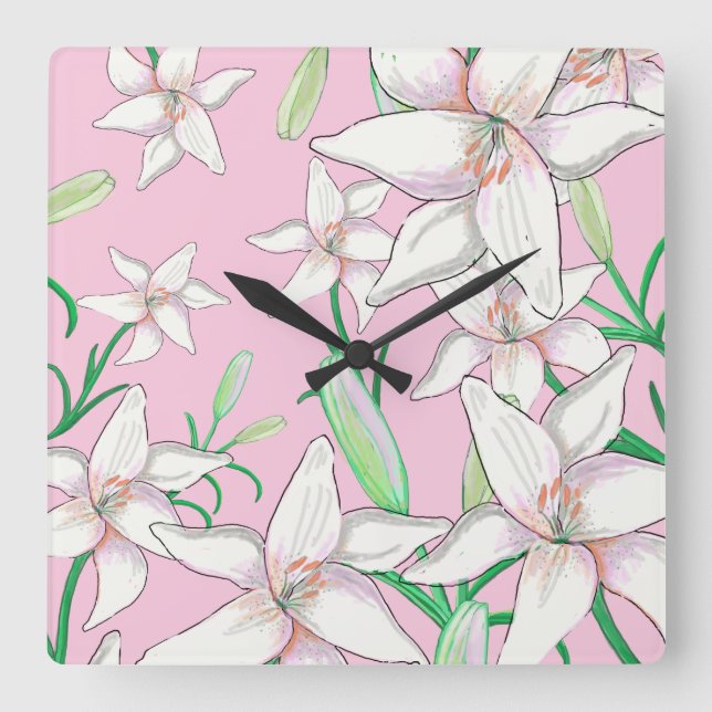 Weiße Lilien auf rosa Hintergrundbild Quadratische Wanduhr (Vorderseite)