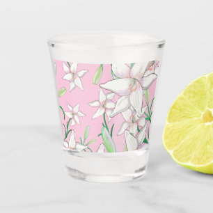 Weiße Lilien auf rosa Hintergrundbild Schnapsglas