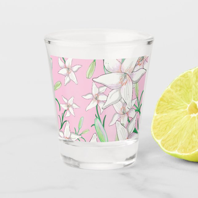 Weiße Lilien auf rosa Hintergrundbild Schnapsglas (Vorderseite)