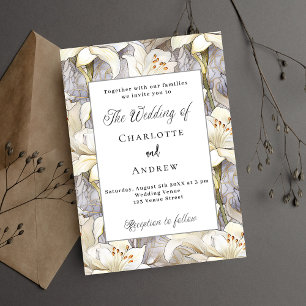 Weiße Lilien Blumen Silber Retro Luxus Hochzeit Einladung