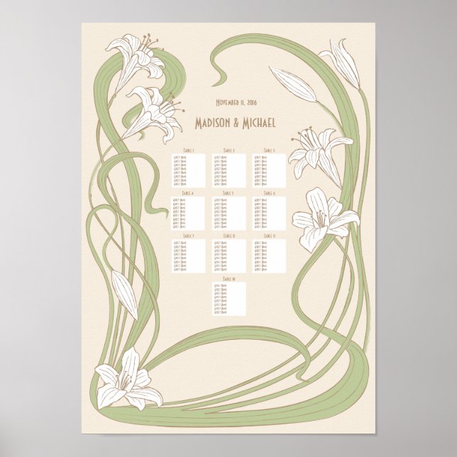 Weiße Lilien Hochzeitskarte 10 Tische Poster (Vorne)