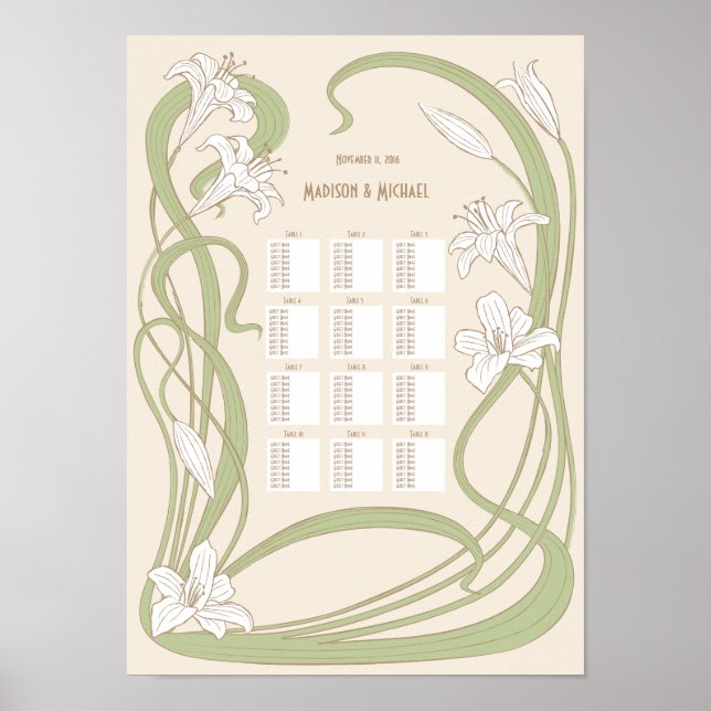 Weiße Lilien Hochzeitskarte 12 Tische Poster (Vorne)