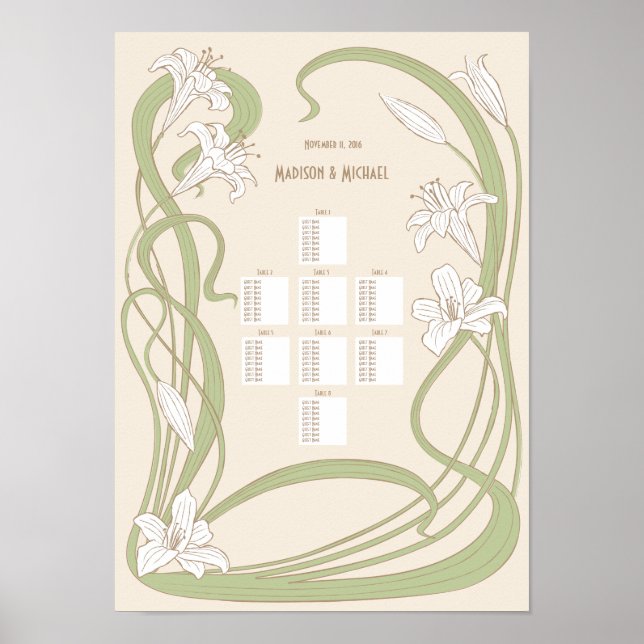 Weiße Lilien Hochzeitskarte 8 Tische Poster (Vorne)